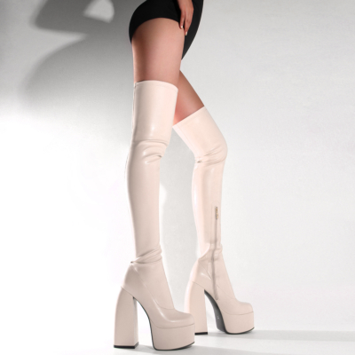 Elfenbeinfarbene Plateaustiefel mit Blockabsatz Pleaser Overknee-Stiefel mit Reißverschluss