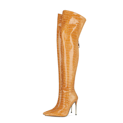 Sexy Croc bedruckte Metallic-Stiefel mit spitzer Zehenpartie und Stiletto-Absatz für den Winter