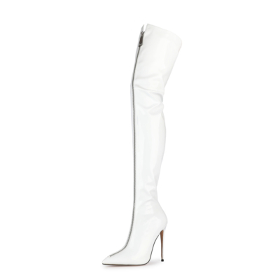 Weißer sexy Lackleder-Reißverschluss über dem Knie Stiletto Overknee-Stiefel