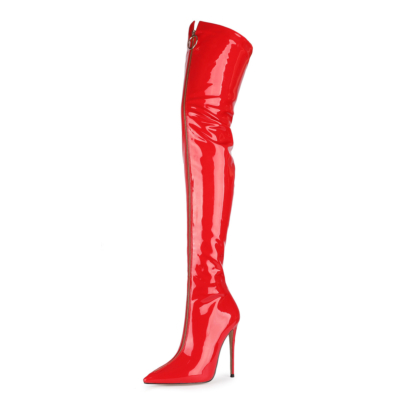 Roter sexy Lackleder-Reißverschluss über dem Knie Stiletto Overknee-Stiefel
