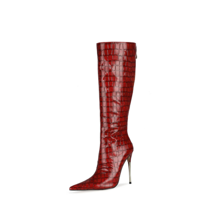 Rote kniehohe Stiefel mit Schlangenmuster Metallic-Stiefel mit Pfennigabsatz und rückseitigem Reißverschluss