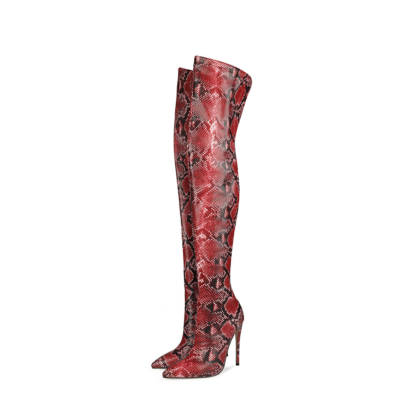 Rote Overknee-Stiefel mit Schlangenmuster und spitzer Zehenpartie