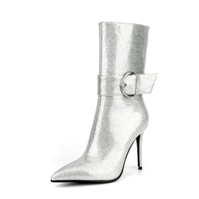 Silberne Stiletto-Absatz-Stiefeletten mit spitzer Zehenschnalle und hohen Stiefeln