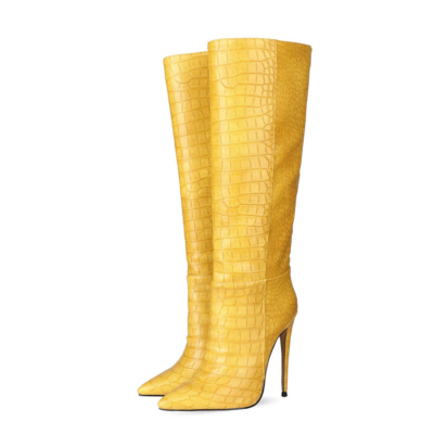 Up2step Gelbe, sexy, kniehohe Stiefel mit Stiletto-Absatz für Frauen in Kroko-Optik