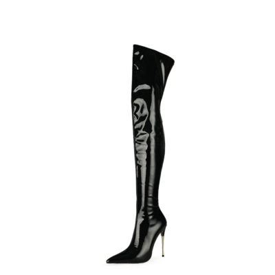Schwarze, lange, oberschenkelhohe Stiefel mit Pfennigabsatz und weitem Wadenreißverschluss