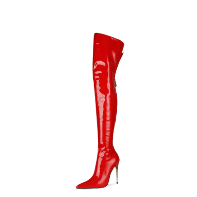 Rote, lange, oberschenkelhohe Stiefel mit Pfennigabsatz und weitem Wadenreißverschluss von Pleaser Boots