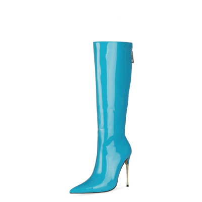 Glänzende blaue hohe Stiefel mit Reißverschluss Kniehohe Stiefel mit Metallic-Stiletto-Absatz für die Arbeit
