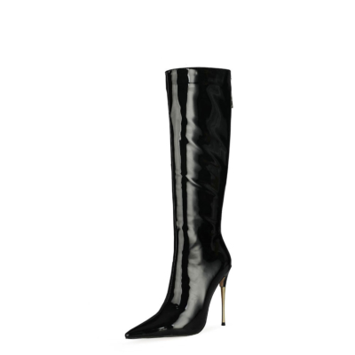Glänzende schwarze hohe Stiefel mit Reißverschluss Kniehohe Stiefel mit Metallic-Stiletto-Absatz für die Arbeit