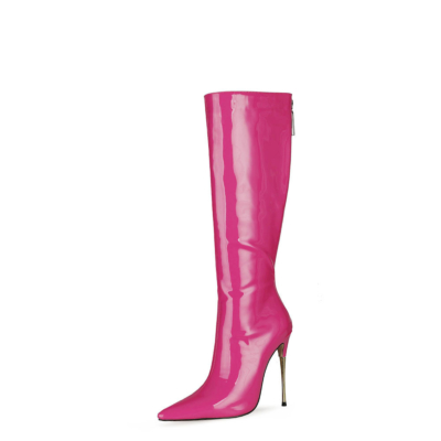 Fuchsia hohe Stiefel mit Reißverschluss Kniehohe Stiefel mit Metallic-Stiletto-Absatz für die Arbeit
