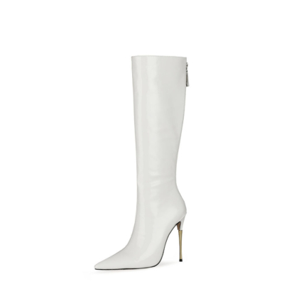 Weiße hohe Stiefel mit Reißverschluss Kniehohe Stiefel mit Metallic-Stiletto-Absatz für die Arbeit