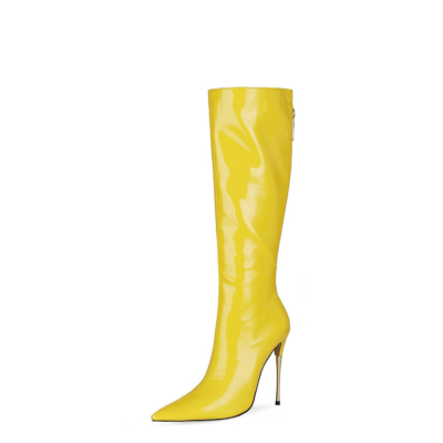 Glänzende gelbe hohe Stiefel mit Reißverschluss Kniehohe Stiefel mit Metallic-Stiletto-Absatz für die Arbeit