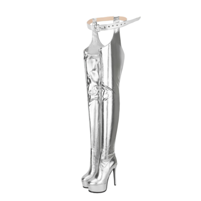 Silberne Metallic-Plateau-Stiletto-Absatz-Gürtel-lange Stiefel mit Schnalle über dem Knie