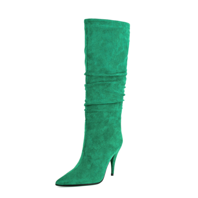 Grüne Slouchy Dress Boot Stiletto-Absatz Spitzschuh kniehohe Stiefel
