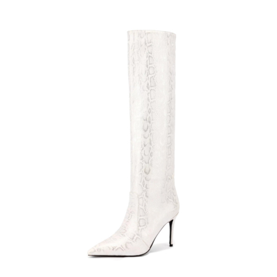 Weiße kniehohe Stiletto-Stiefel mit Schlangenmuster und spitzer Zehenpartie für Damen