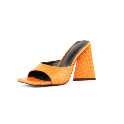 Orangefarbene Slide-Sandalen mit Schlangenmuster Blockabsatz Karree Sexy Party-Sandalen