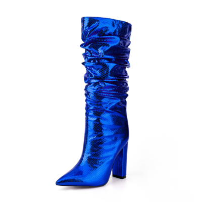Blaue kniehohe Stiefel mit Schlangenmuster in Metallic-Optik, Slouch-Stiefel mit klobigem Absatz