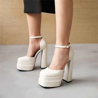 Weiße D'orsay-Sandalen mit Plateausohle und klobigem Absatz und Schlangenmuster für Partys