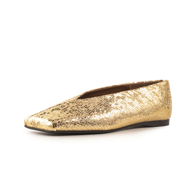 Goldene flache Schuhe mit Schlangenmuster und V-Vamp-Muster, quadratische Zehenpartie, breite Breite, metallische flache Schuhe