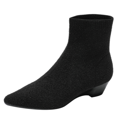 Schwarze Socken-Stiefeletten mit Keilabsatz und Keilabsatz für Damen mit spitzem Zeh