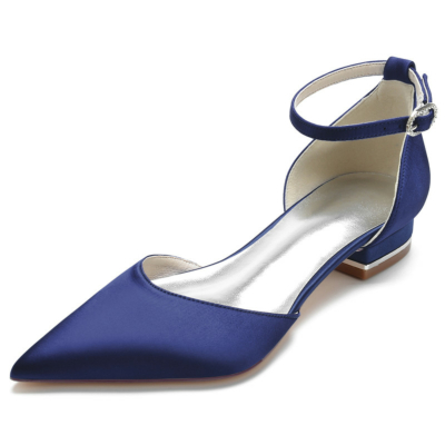 Marineblaue bequeme flache flache Satin-Schuhe mit spitzer Zehenpartie und Knöchelriemen