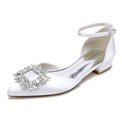 White Square Rhinestone Buckle Pointed Toe Ankle Strap Wedding Bride's Flat