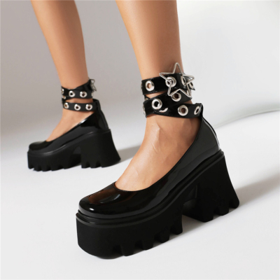 Schwarze Lack-Schuhe mit quadratischer Zehenpartie und Plateausohle im Mary-Jane-Design mit klobigen Absätzen und Knöchelwickel und Sternschnalle