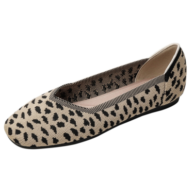 Khakifarbene flache Schuhe mit Leopardenmuster und eckiger Zehenpartie Bequeme Arbeitsschuhe für Damen