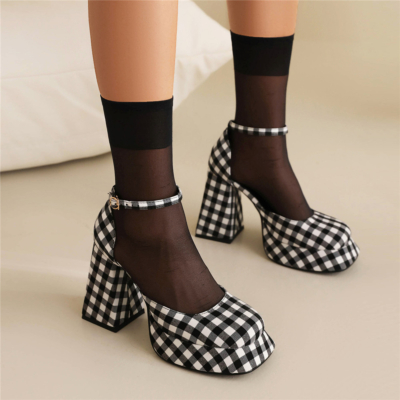Hahnentritt-Squre-Toe-Plattform-Mary-Jane-Schuhe mit klobigem Absatz und Vintage-Kleider-Absätzen