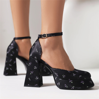 Schwarze Mary-Jane-Schuhe mit quadratischem Zehenbereich, Plateausohle und klobigem Absatz, Vintage-Kleider-Absätze