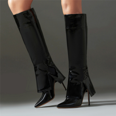 Schwarze kniehohe Stiefel mit Stiletto-Absatz und ausgeschnittenen Stiefeletten