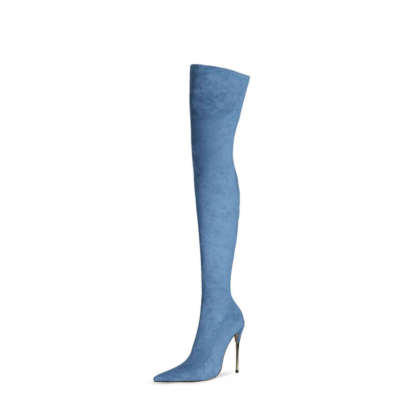 Blauer langer Stretch-Stiefel, elastisch, über dem Knie, schenkelhohe Stiefel, 5-Zoll-Absatz