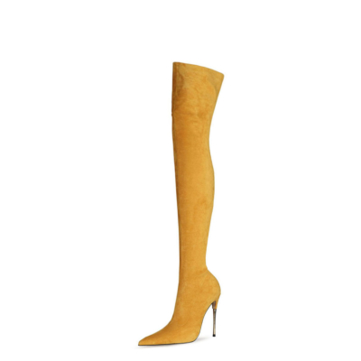 Gelber Stretch-Long-Stiefel, elastisch, über dem Knie, schenkelhohe Stiefel, 5-Zoll-Absatz