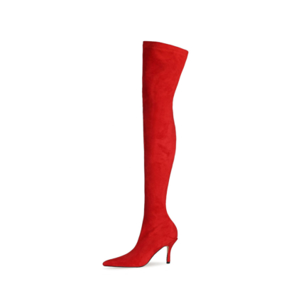Elastische Overknee-Stiefel aus rotem Wildleder mit spitzer Zehenpartie