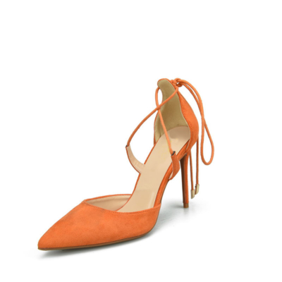 Orangefarbene Wildlederschnürung mit Knöchelriemen D'orsay Damen Pumps mit Stiletto-Absatz und spitzer Zehenpartie