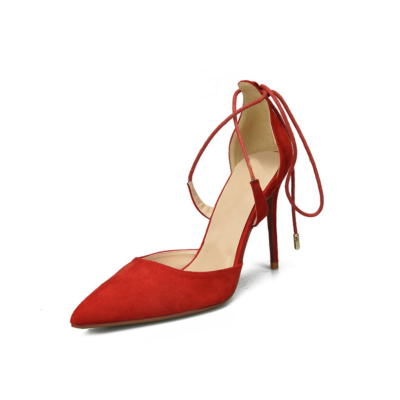 Rotes Wildleder zum Schnüren mit Knöchelriemen D'orsay Damen Pumps mit Stiletto-Absatz und spitzer Zehenpartie