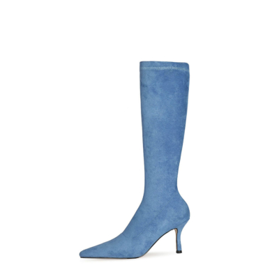 Blaue, glatte, elastische, kniehohe Stiefel mit spitzer Zehenpartie