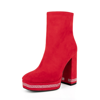 Rote Wildleder Square Toe Strass Chunky Heel Plateau Stiefeletten