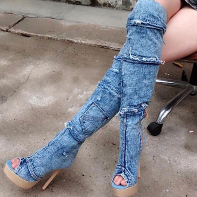 2022 Sexy Denim High-Heel Overknee-Stiefel mit Peep Toe