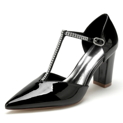 Schwarze, juwelenbesetzte D'orsay-Blockabsätze mit T-Riemen, Vintage-Kleider, Schuhe, Pumps