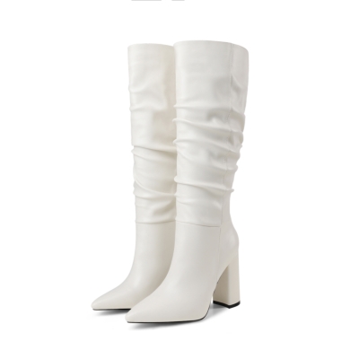 Weiße Chunky Heel Womens Slouchy Boots Kniehohe Stiefel mit spitzem Zeh