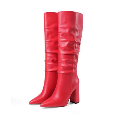 Rote Chunky Heel Womens Slouchy Boots Kniehohe Stiefel mit spitzem Zeh