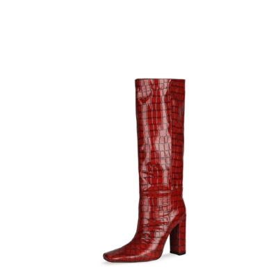 Rote kniehohe Stiefel mit Krokodildruck Damenstiefeletten mit eckiger Zehenpartie