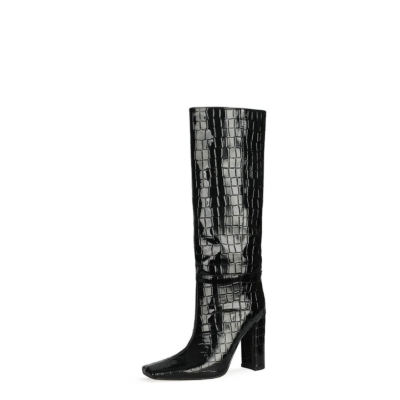 Schwarze kniehohe Stiefel mit Krokodildruck Damenstiefeletten mit eckiger Zehenpartie