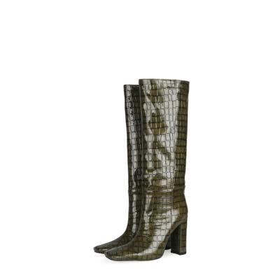 Fashion Croc Print Kniehohe Stiefel Damen Square-Toe Stiefeletten