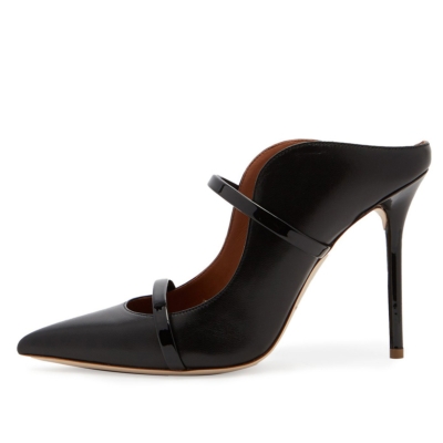 Schwarze PU-Riemen-Mules-Pumps-Kleid-Stilett-Absatz-Schuhe mit geschlossener Zehe