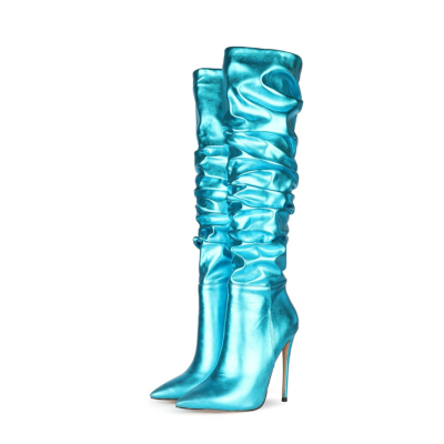 Hellblaue, elastische Metallic Plissee Stilettos Overknee Stiefel