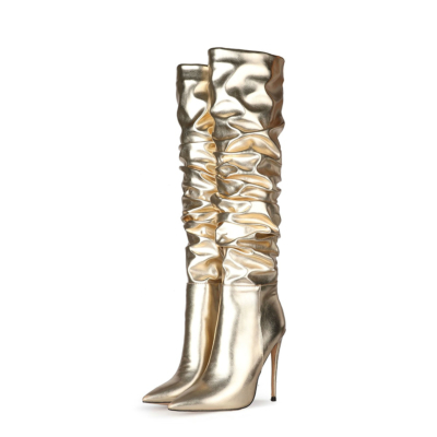 Golden Metallic Plissee Stilettos Overknee-Stiefel