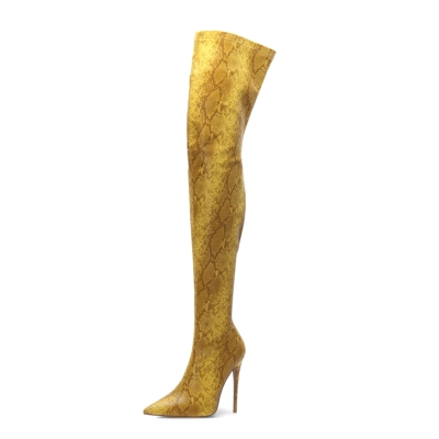 Khakifarbene Overknee-Stiefel mit spitzer Zehenpartie und Stilettos und Schlangenprägung