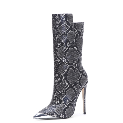 Damen-Stiefeletten aus veganem Leder mit Python-Print in Schwarz und Grau mit Stiletto-Absatz und spitzer Zehenpartie