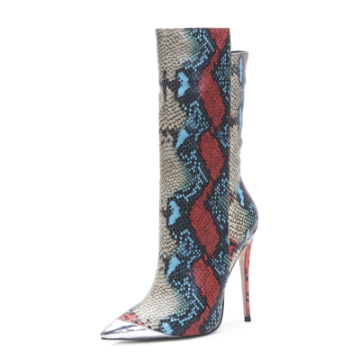 Damen-Stiefeletten aus veganem Leder mit Python-Print in Rot und Blau mit spitzen Zehen und Stiletto-Absatz